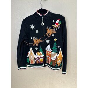 Arriviste Womens Christmas Cardigan Sweater M Black Santa Reindeer Village Scene